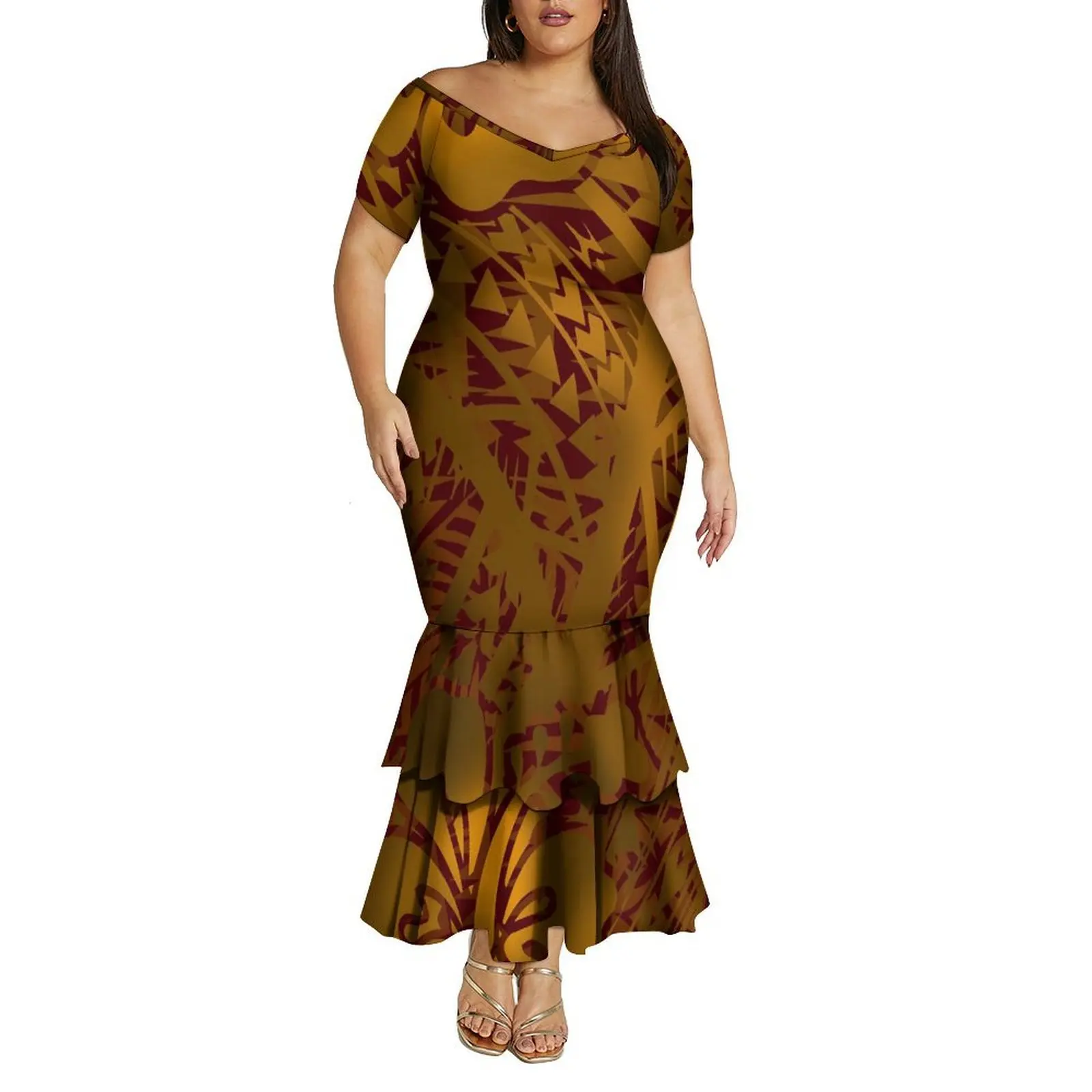 Vestido rabo de peixe de dupla camada com decote em V fora do ombro para mulheres polinesias vestido de emagrecimento de verão com padrão personalizado