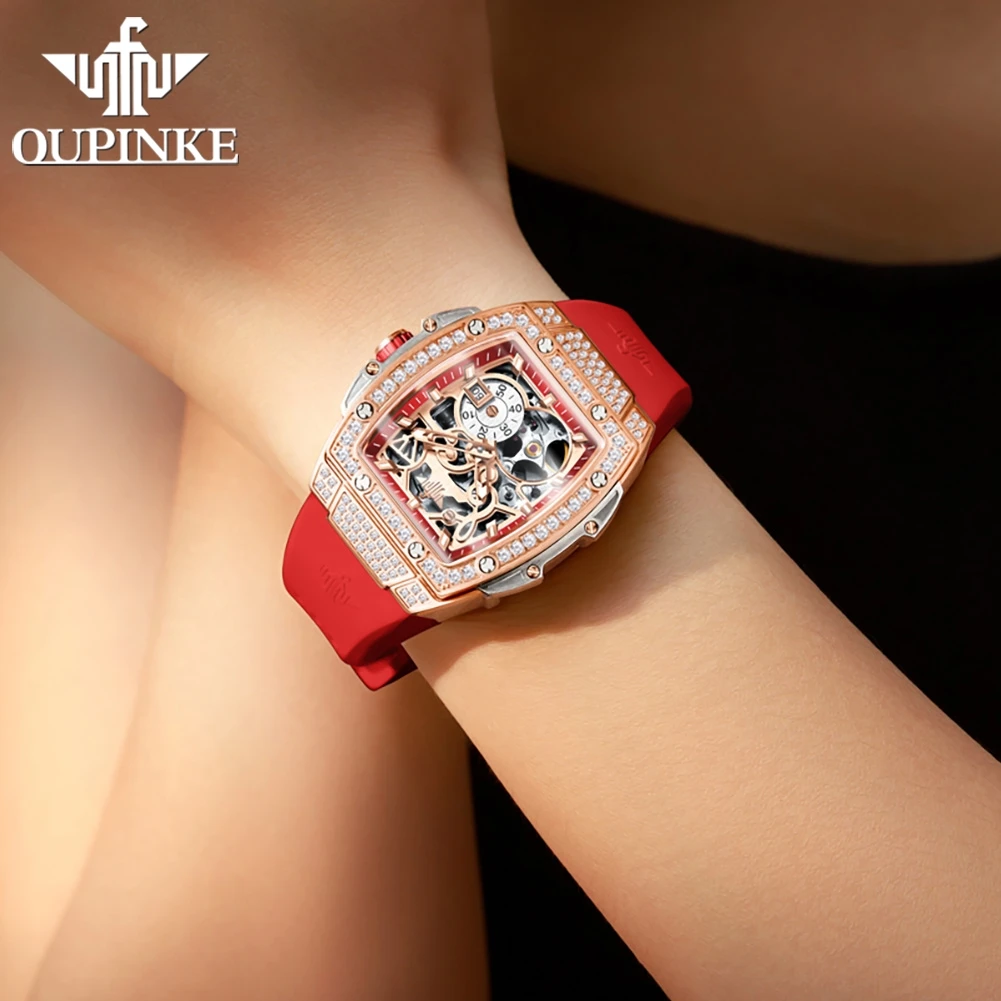 OUPINKE Original Women's Watches High Quality Rubber Strap Imported Japan Movements Automatic Mechanical Wrist Watch for Ladies
