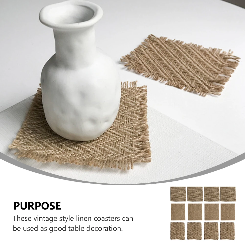 

12pcs Vintage Linen Coasters Square Aromatic Mats For Home Decor Table Protection Photography Props Khaki
