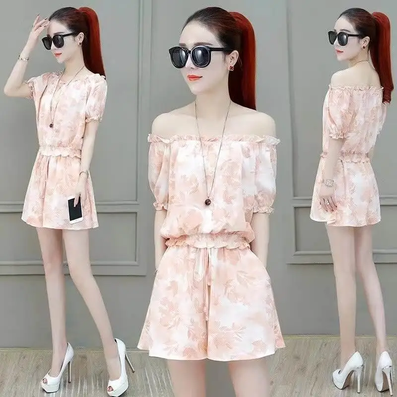 

Women's Faion Summer Loose Cotton Blend ort Sve Two-Piece Set V-Ne f Zipper Seven-Piece Pants Casual Chic