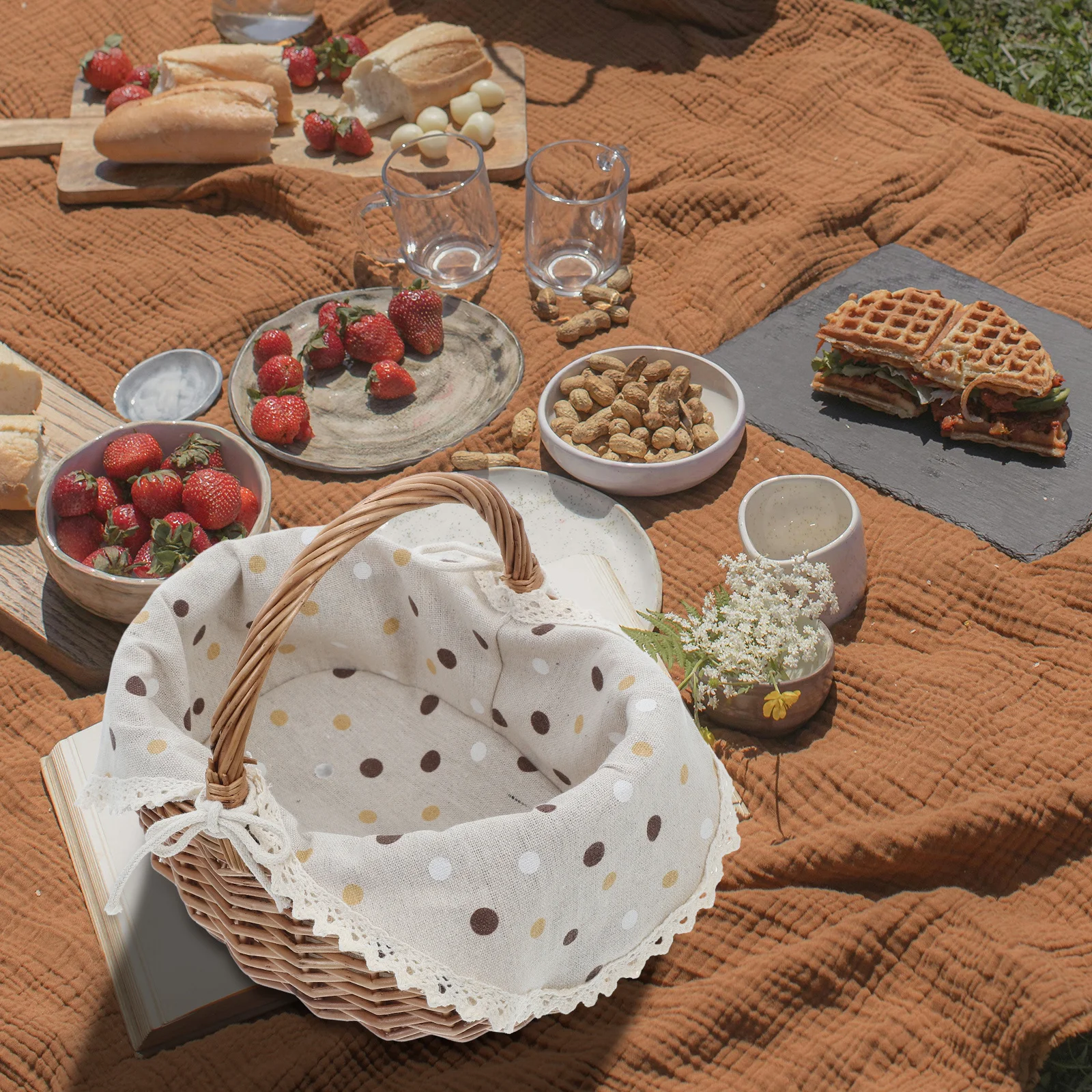 

Rustic Picnic Basket Made of Woven Plastic Spacious Interior for Food Drinks Storage Portable Handle Ideal for Outdoor