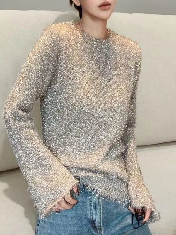 

Chic Long Sleeve Knitted Sweater Women's Loose Fit round Neck Glitter Thread Spring Vintage Loose Sweater Slimming Base Shirt...