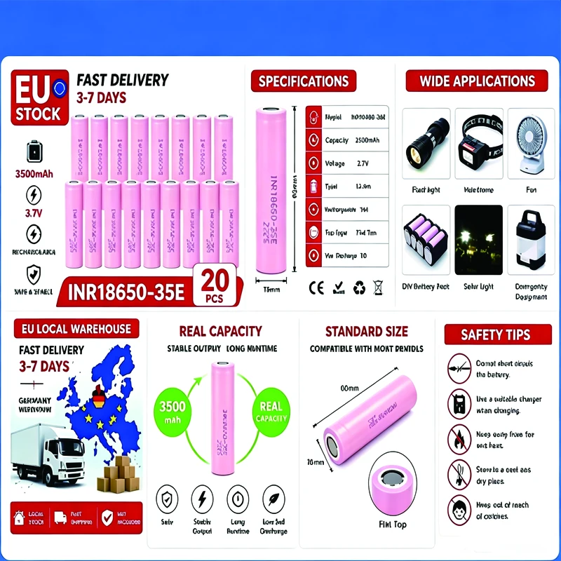 18650 Hochstromfähige Wiederaufladbare Lithium-Ionen-Batterie 3500mAh 3,7V 20A Inr18650-35E Hochleistungs-Zellen für Taschenlampen und Elektrische Geräte