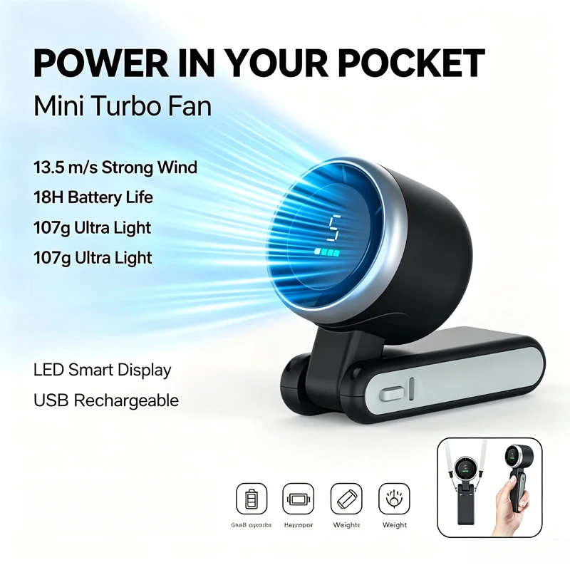 3-in-1 Fan, 5-speed, 3600mAh Rechargeable Lithium Battery, USB Charging, Travel Mini Fan