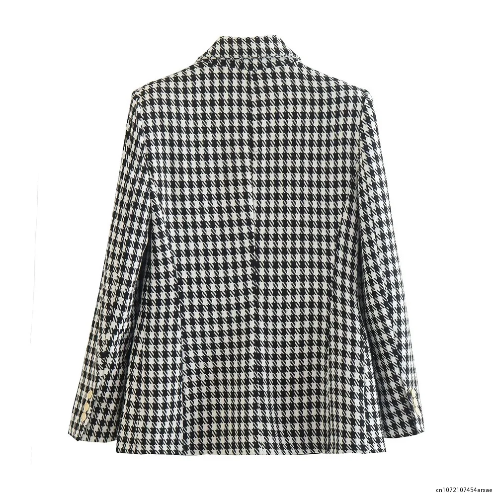 Women Fashion Double Breasted Houndstooth Blazer Coat Vintage Long Sleeve Flap Pockets Female Outerwear Chic Vestes