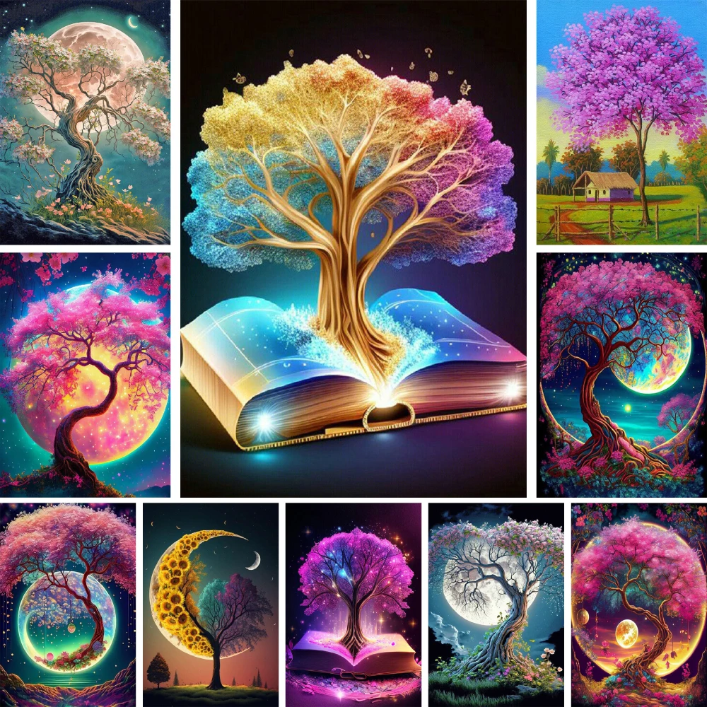 Meian Fantasy Trees Pre-Printed Cross-Stitch Embroidery Kit DMC Threads Painting Knitting Sewing Handicraft Room Decor Counted