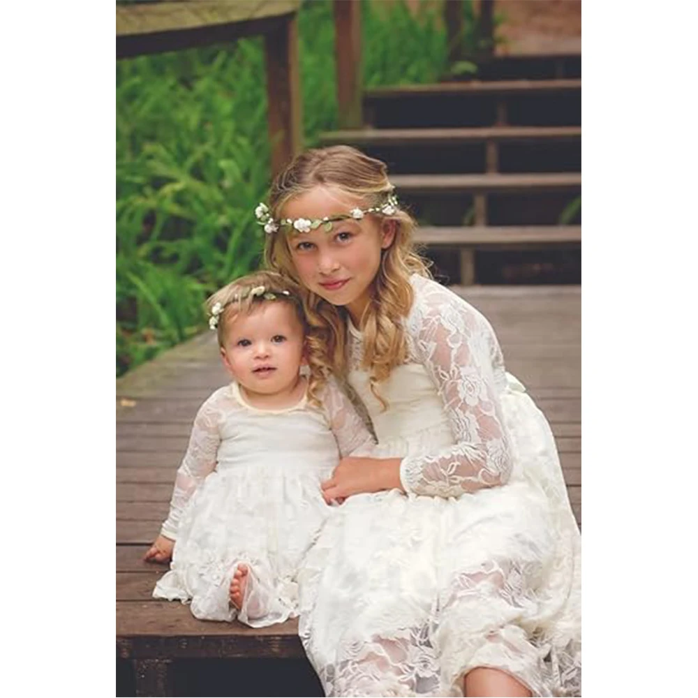 Fancy Ivory White Lace Flower Girl Dress Boho Rustic First Communion Gowns wedding dress 2024 girls dress for eid