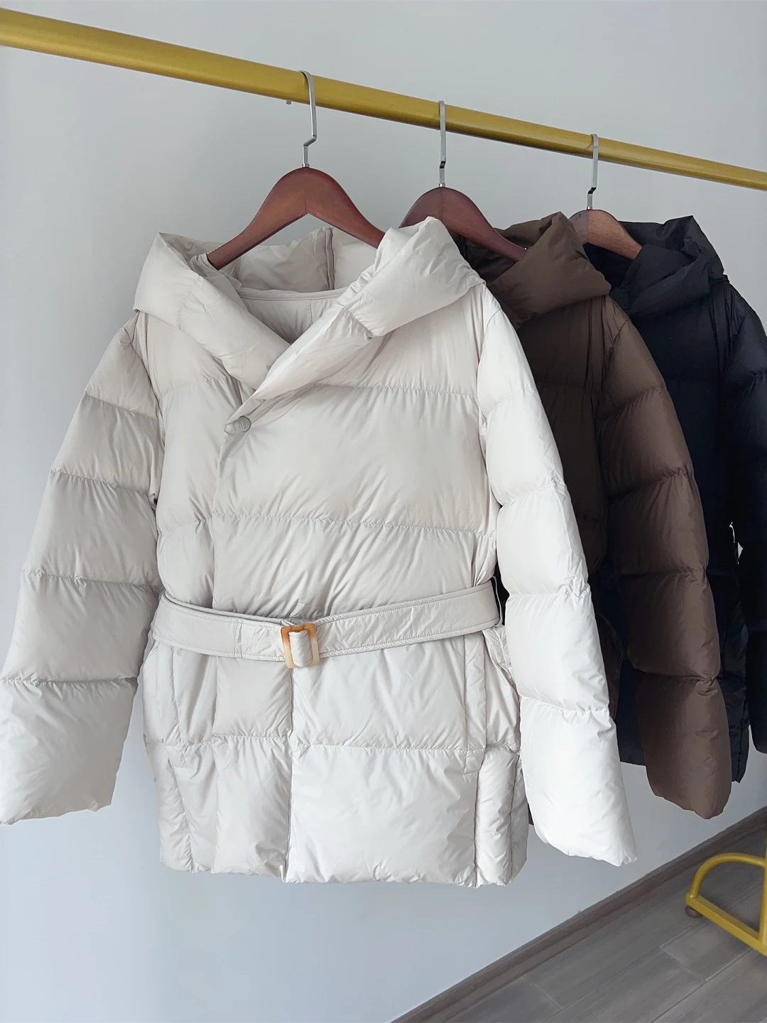 

Autumn Winter Thiened down Jaet Simple Elegance Waist Belt Hooded Commute Slimming Warm 90 White Du Feather Women's Coat