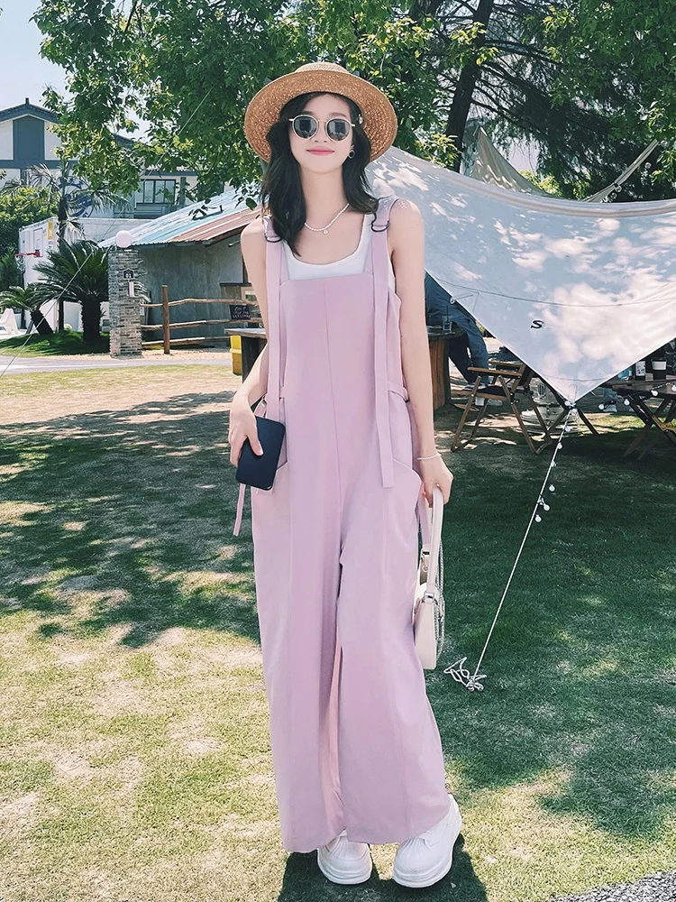 

Ele Summer Korean Sle High Waist Wide Leg Jumpsuit Faionable Pink oulder Strap Dr Women's Sli Slimming Onesie