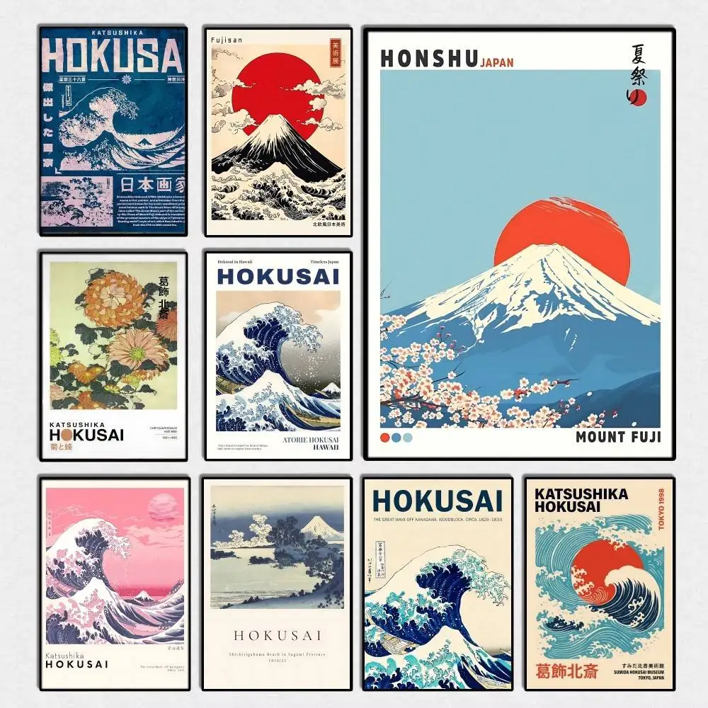 Mount Fuji Sunrise Wave Landscape Japanese H-Hokusai Posters Fancy Wall Sticker for Living Room Bar Decoration Wall Decor