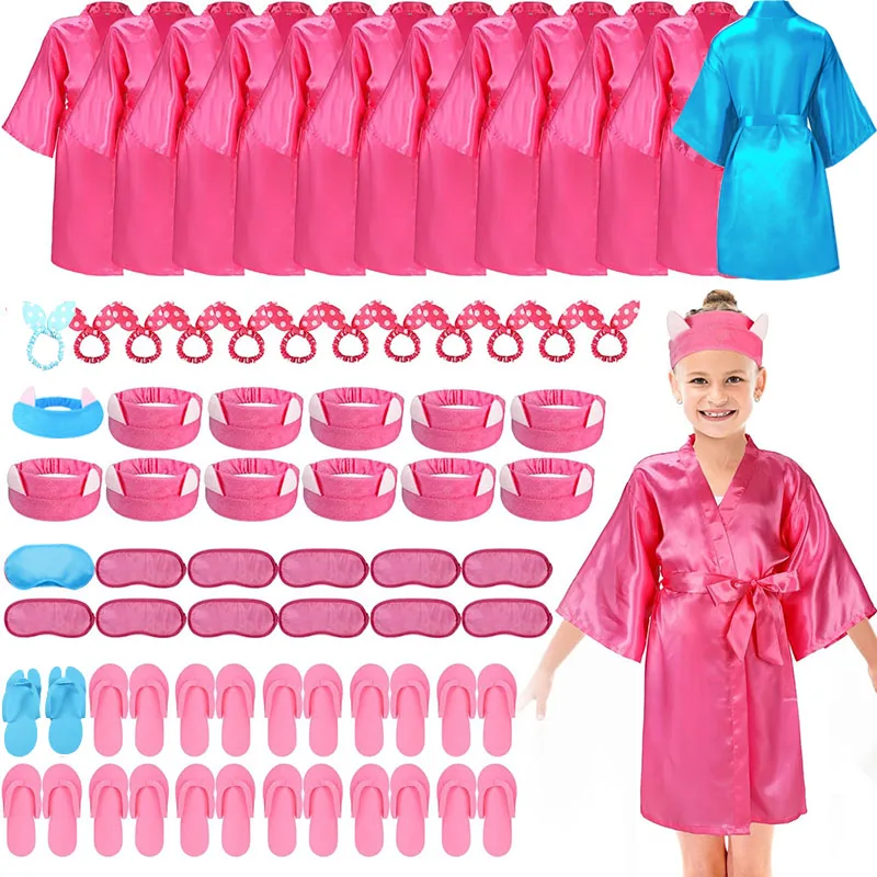 

6/12Sets Spa Party for Girls EVA Disposable Slippers Kimono Robe Spa Headband Bow Hair Band Kids Salon Barbie Pink Party Favors