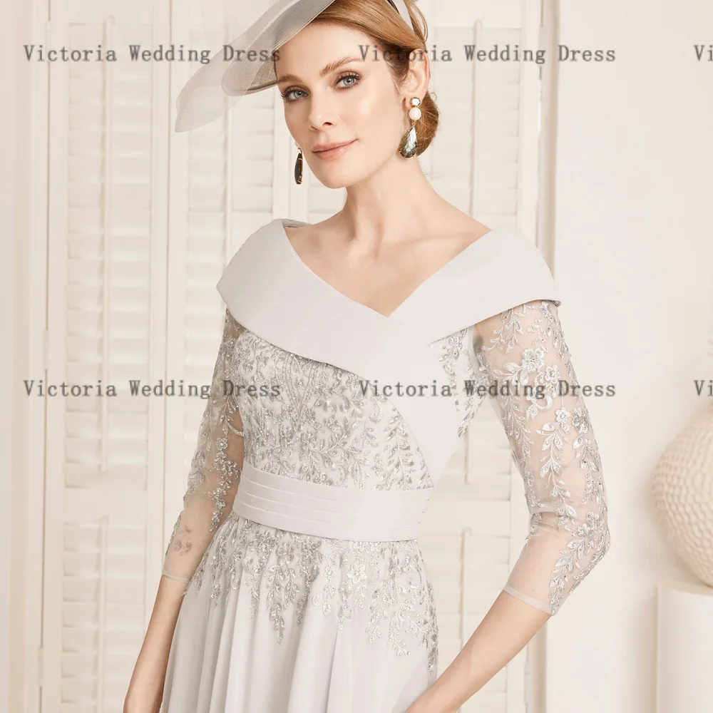 Abiti classici per la madre della sposa con scollo a V 3/4 maniche abiti da festa di nozze pieghe Appliques alla caviglia a-line muslimah