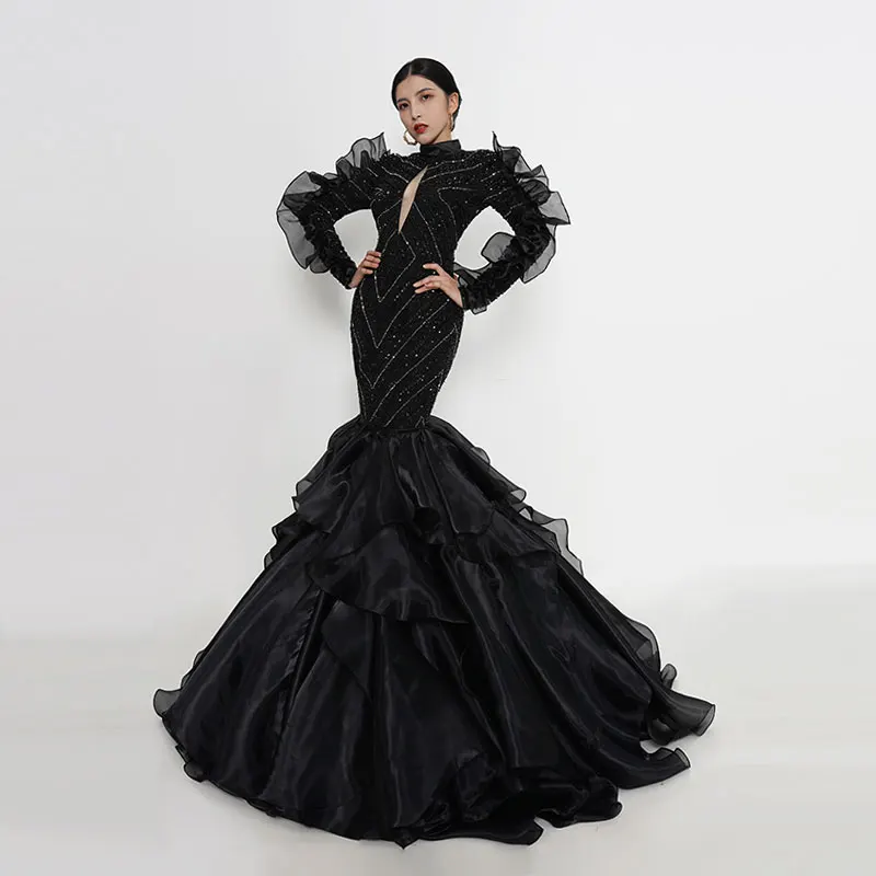 

Baisha Gala Dress For Women New Custom Black Evening Dress Luxury Performance Costumes Heavy Beaded Pleated Cake Skirts H1305