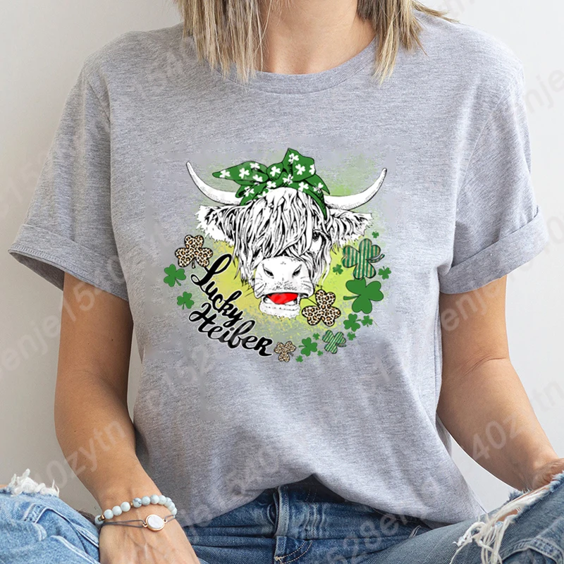 Cool St Patrick's Day Clover Lucky Heiler Print T-Shirts Women Summer Fashion Casual Short Sleeve Round Neck Tops Ladies T-shirt