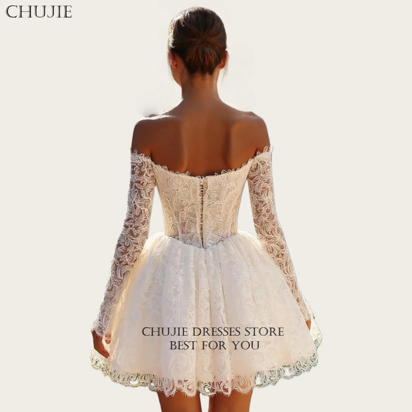 عاجي قصير كامل الدانتيل يزين زي العرائس لين مطوي كم طويل فستان الزفاف امرأة مخصصة فستان عروس Vestido de novia #2