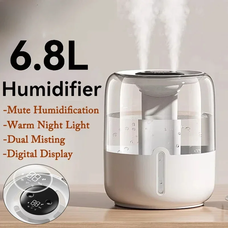 Quiet Humidifier 6.8L Large Capacity Humidifier USB Double Spray Home Dormitory Office Bedroom Desktop with Night Light