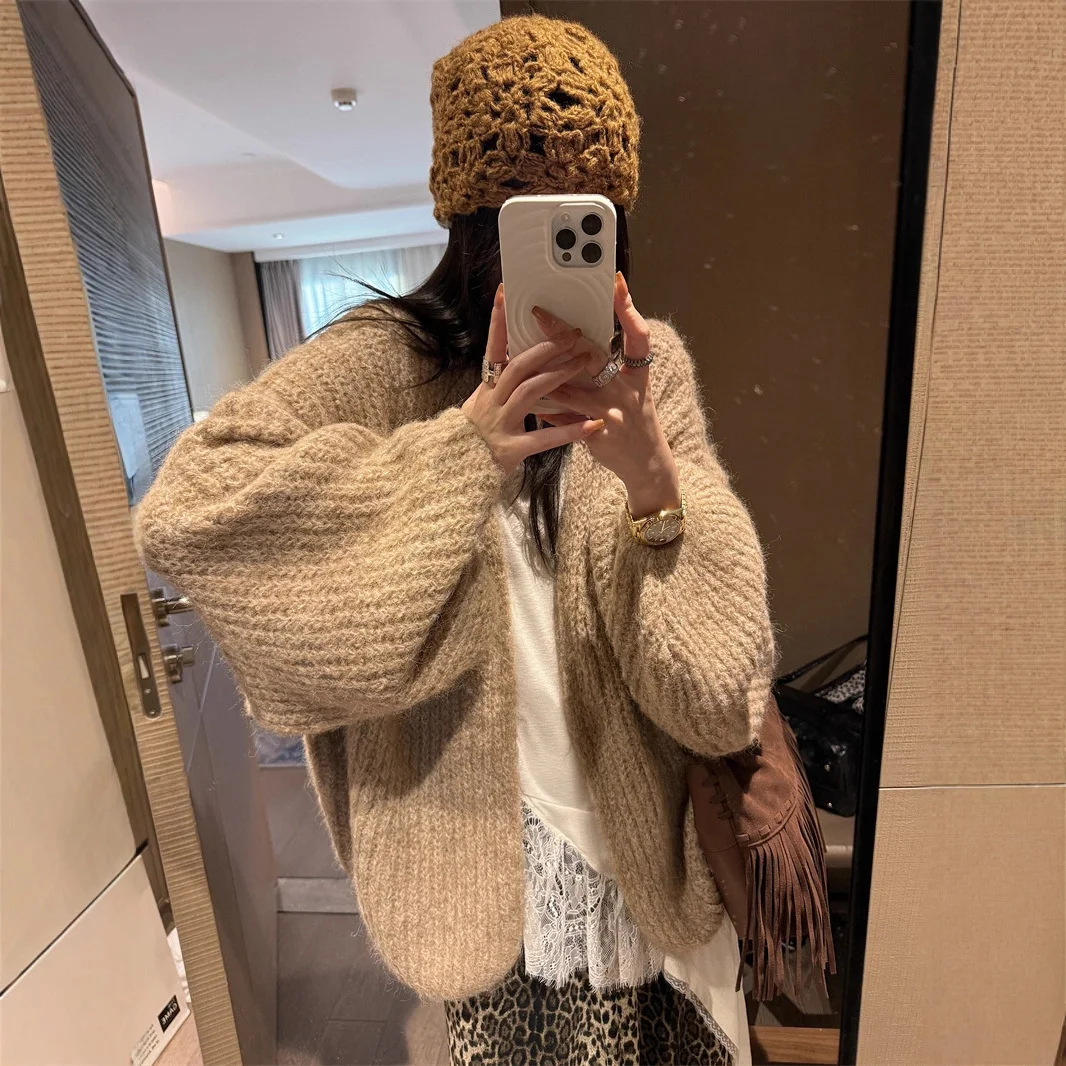 

Mid-Long Cardigans Japanese Oversized Womens Spring Bow Slim Tonal Rib Lapel Mesh Textured Half-Open Hollow-Out Detail Knitted