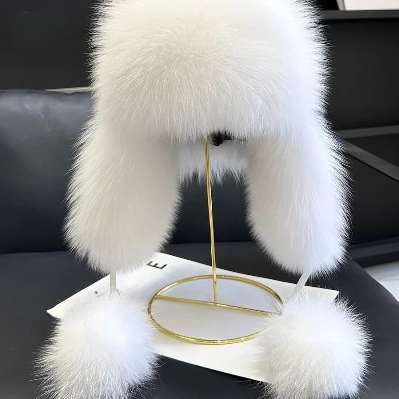 Damen Winter Kunstfuchs-Pelz Trapper-Mütze, Warme Plüsch-Weiche Flauschige Uschanka mit Ohrenschützern für Kaltes Wetter im Freien – Detail 3