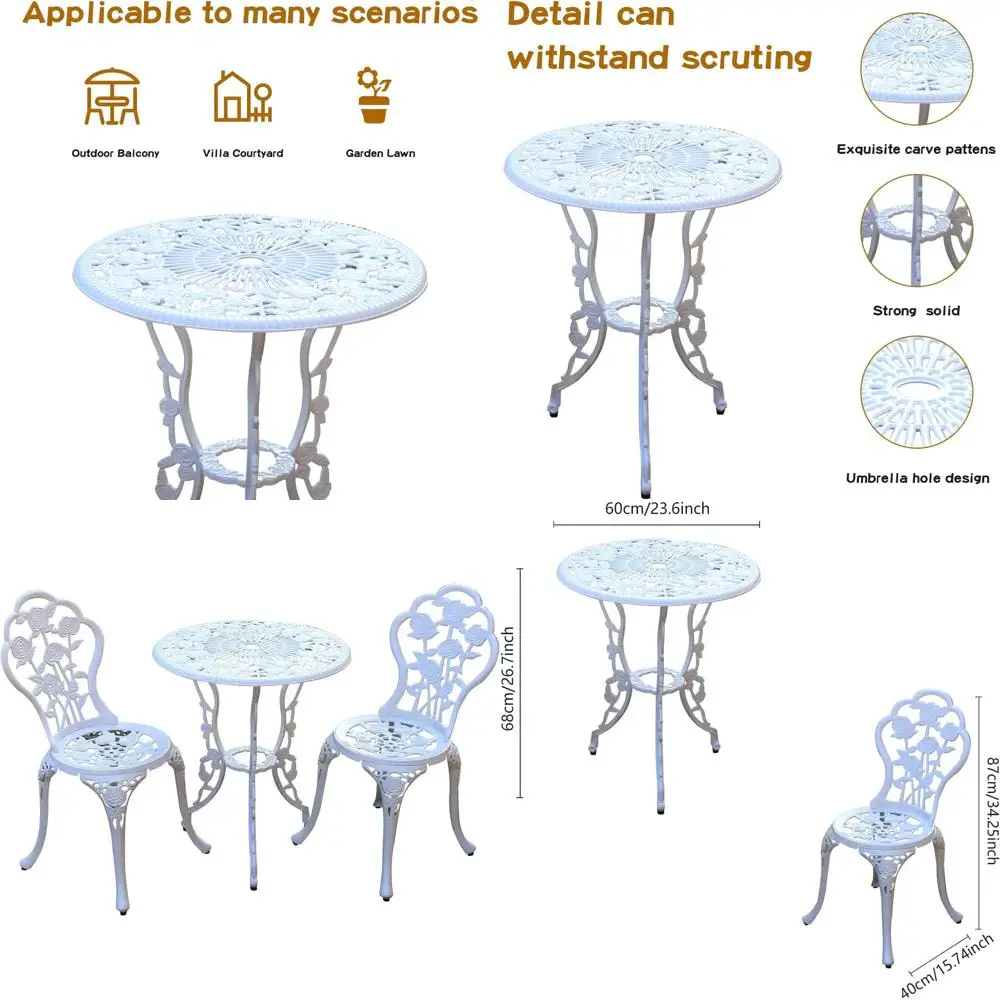 

Набор для бистро из литого алюминия с защитой от ржавчины и отверстием для зонта для уличной террасы, цвет розово-белый