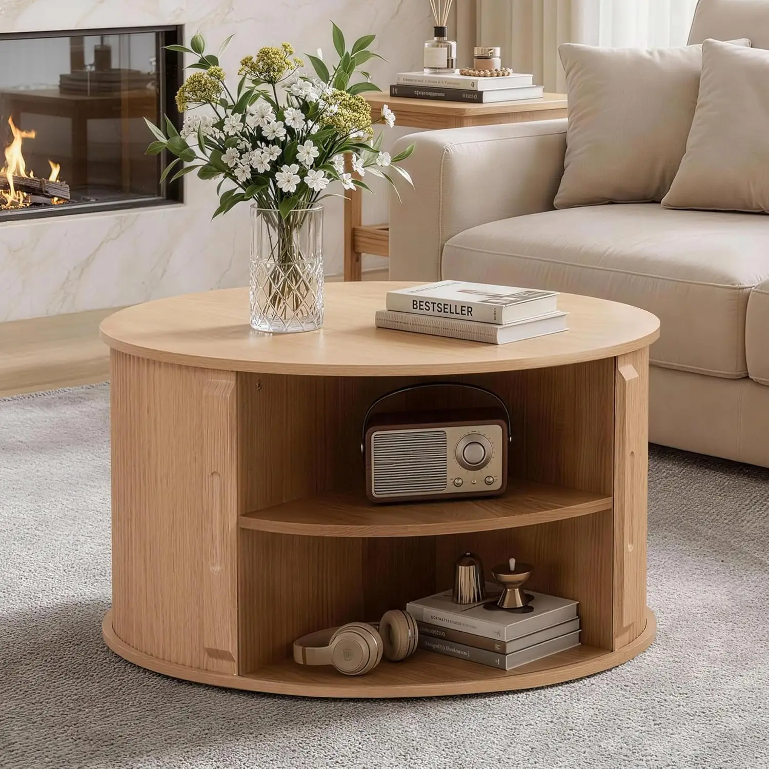 

Round Coffee Table with Storage, 31.5" W Fluted Center Tables for Living Room, Modern Oak Wooden Circle Table with Sliding