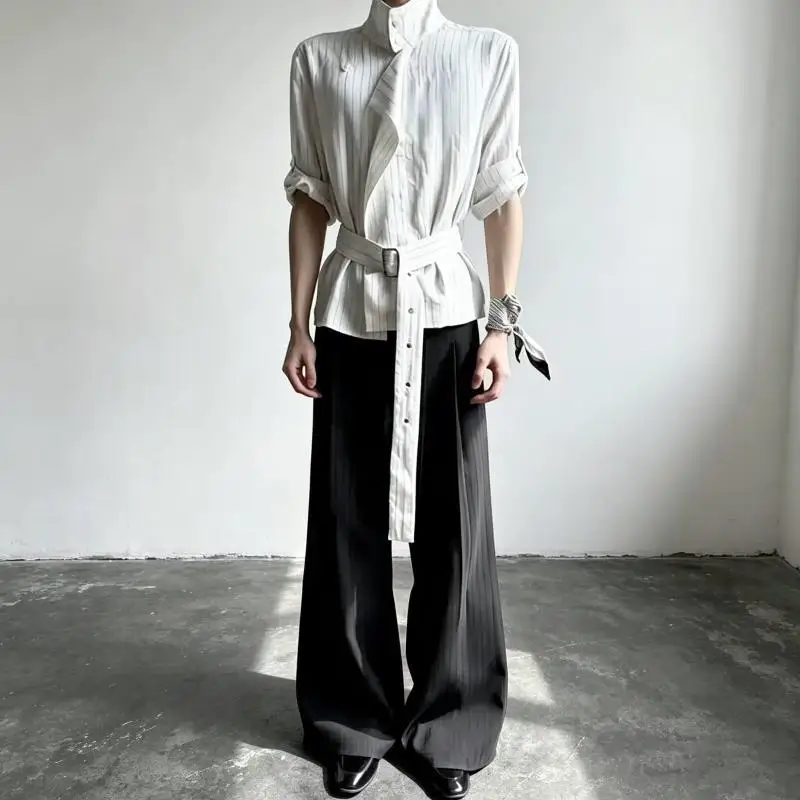 Spring 2026 New Striped Short-sleeved Temperament Shirt Jacket Medium and Long Retro Style Waist and Thin Chemise Homme De Luxe