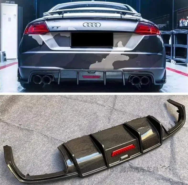 For AUDI TT TTS 2015 2016 2017 2018 Rear Bumper Diffuser & Splitter Trunk Door Lip Spoiler Real Carbon Fiber (With LED Light)