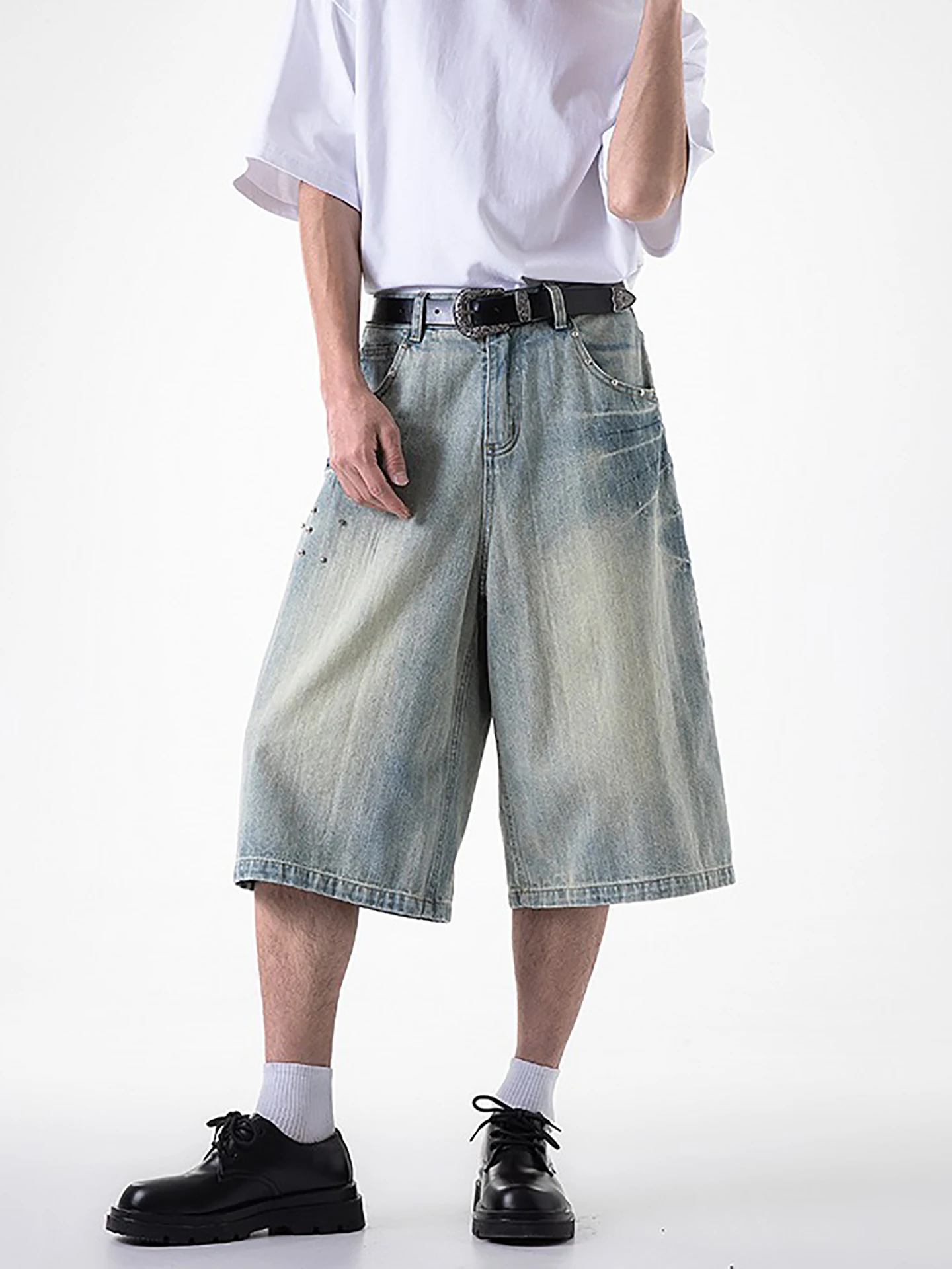 

Мужские джинсы в стиле ретро, лето 2025, свободные, широкие, длиной до щиколотки, с эффектом потертости, прямые, с заклепками, повседневные