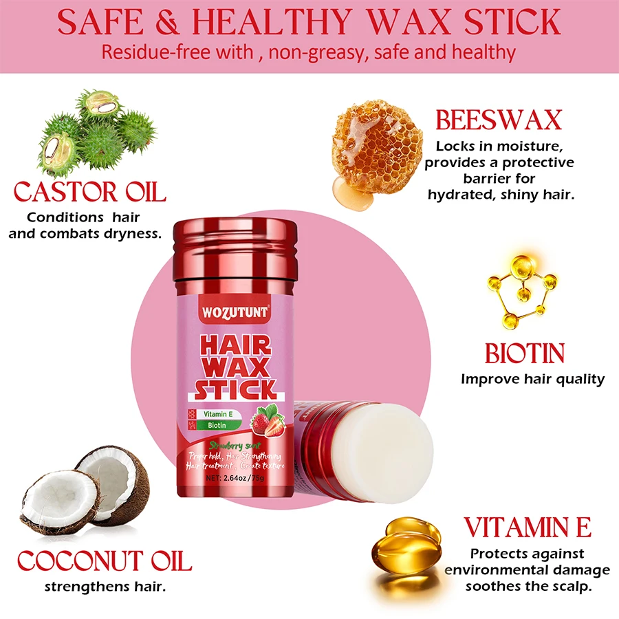 Strawberry Flavor Hair Wax Stick Vitamin E Smooth Dry Frizz Broken Hair Proper Hold Create Texture Styling Pomade for Women