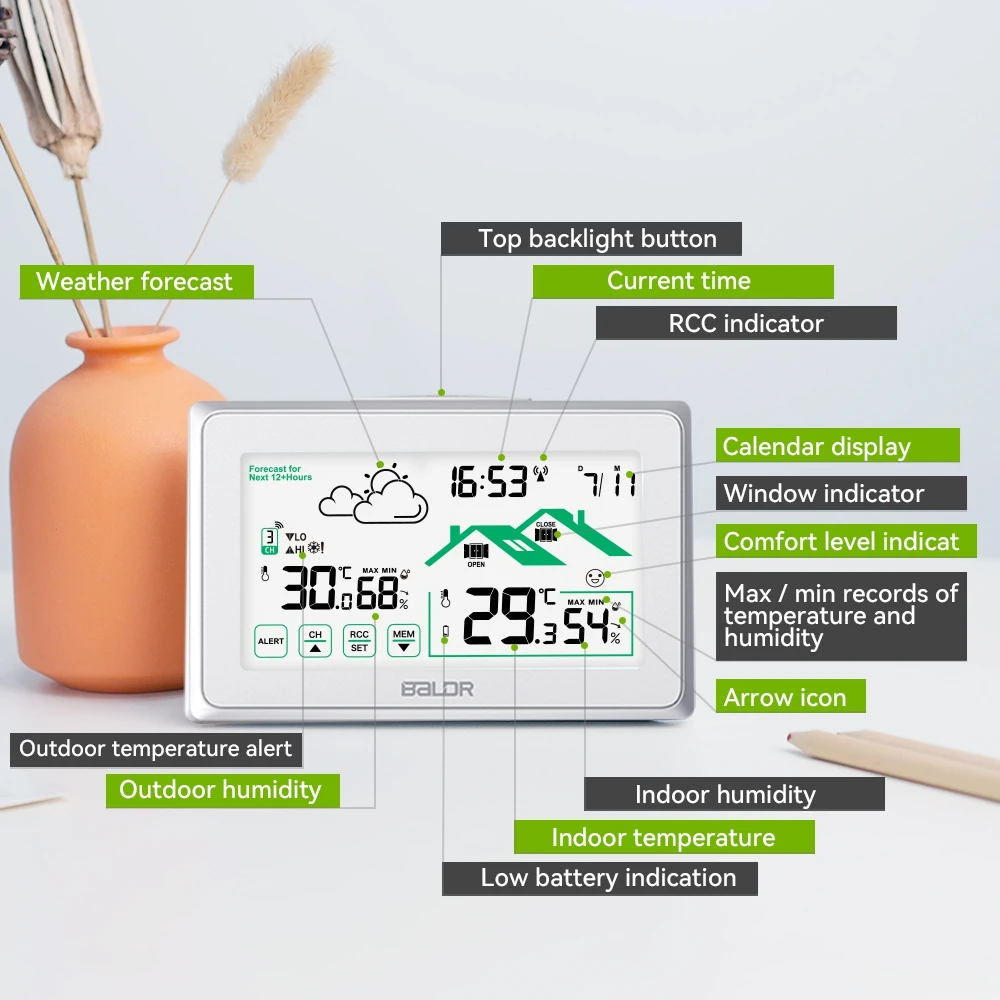 Wireless Weather Station Digital RCC Wall Alarm Clock Calendar In/Outdoor LCD Thermometer Hygrometer Trend Forecast Sensor