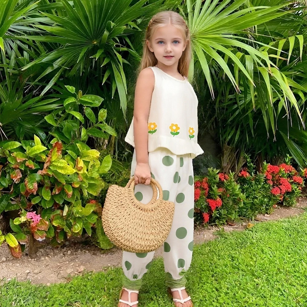 المرأة الكنز الصيف الطازجة زهرة مطرزة سترة + الأخضر موجة فانوس فستان أطفال مع سروال داخلي القطن الخالص الحلو وأنيق اثنين #3