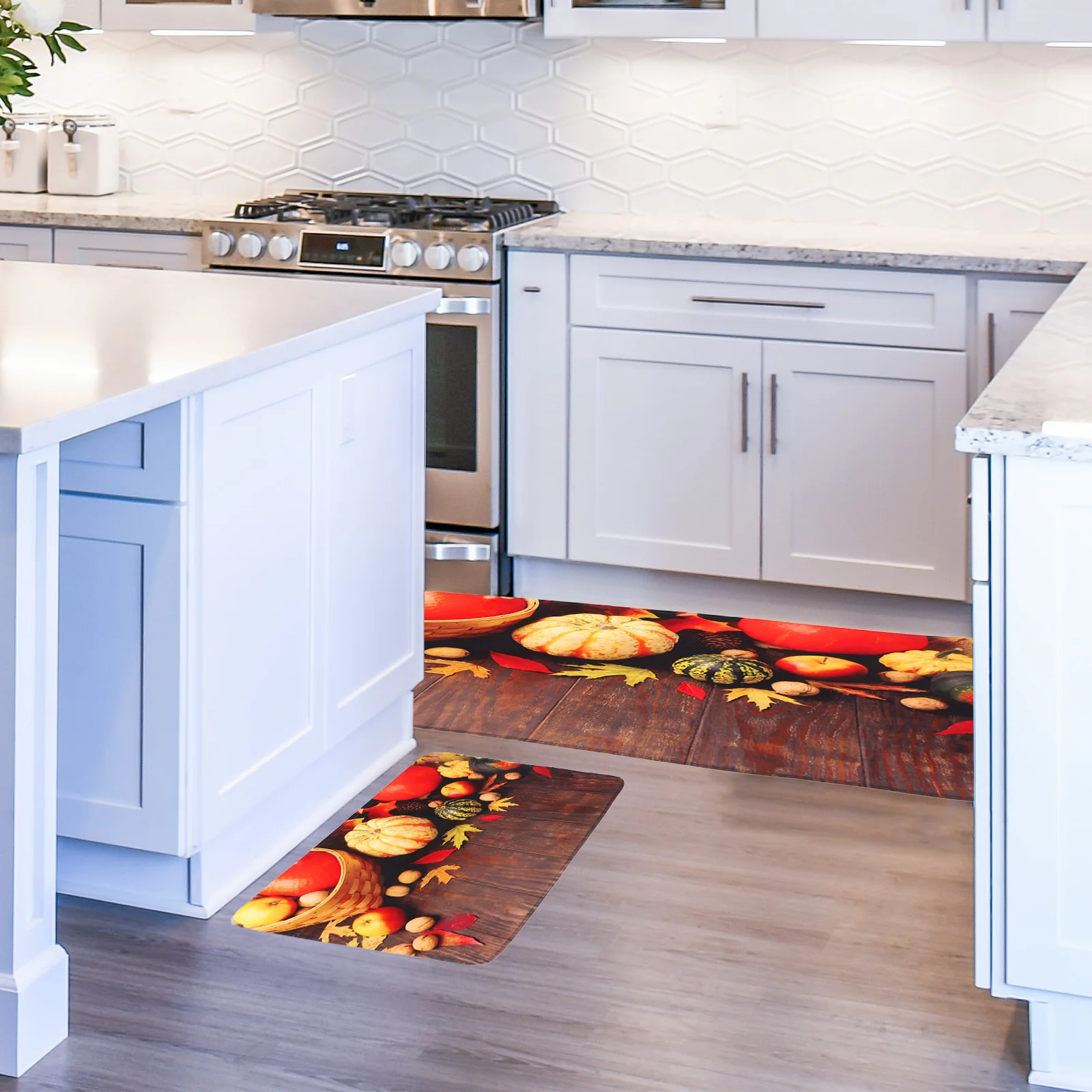 

2pcs Fall Kitchen Rugs Non Slip Pumpkin Mats Water Absorbing Pad Decorative Floor Mat 40x60 40x120 Polyester Long Lasting
