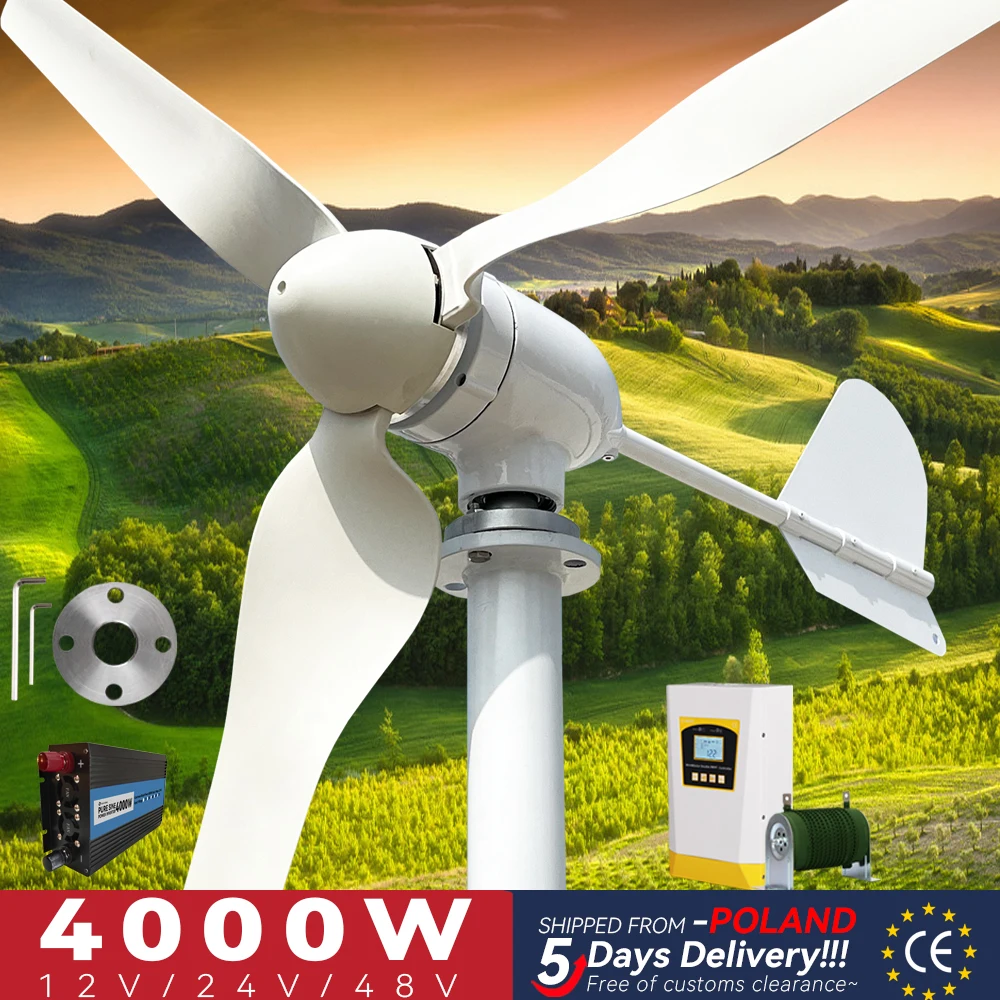 

EU Duty Free 4000W Wind Turbine Generator 3Blades 6KW 4KW 12V 48V 24V With MPPT Charger Controller Off Grid System For Home Use