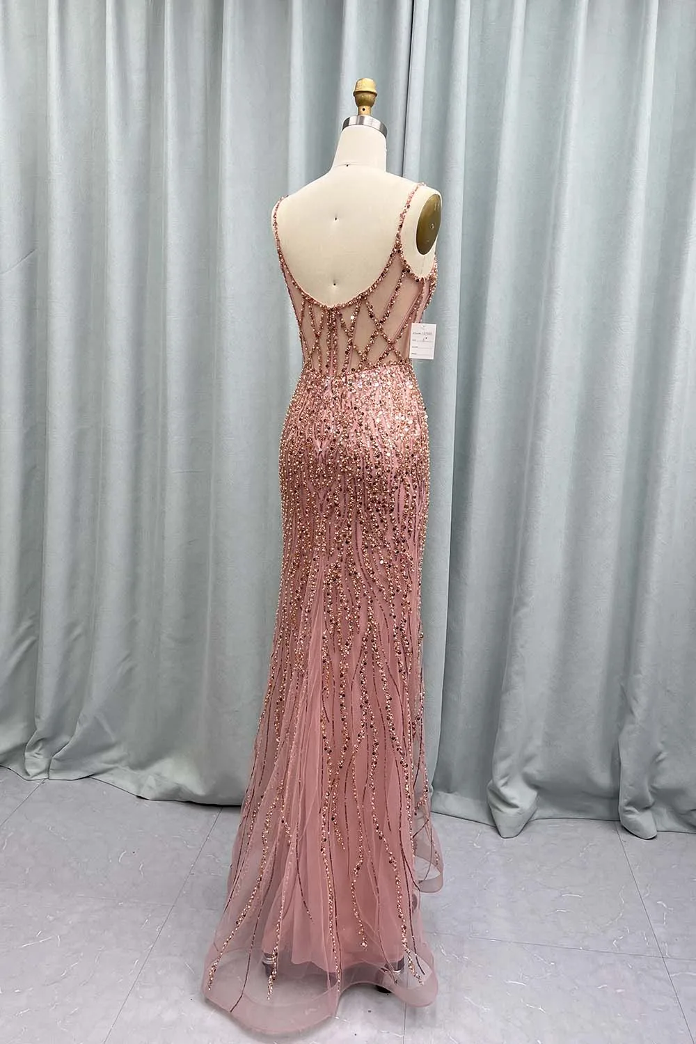 YQLNNE Rose Gold Pearls Beaded High Slit Prom Dresses Spaghetti Long Mermaid Formal Gowns