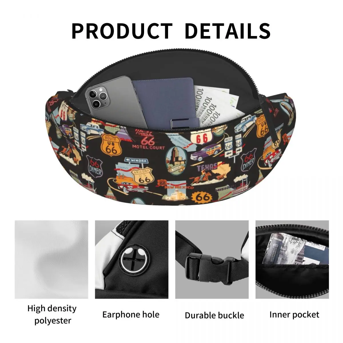 Retro Route 66 sinais Fanny Pack para homens e mulheres, bolsa de cintura crossbody para acampar, bicicleta, bolsa de dinheiro para telefone, viagem, moda