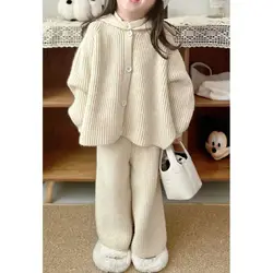 Children's Sweater Set Autumn/Winter Girls' Hooded Knitted Cardigan Coat Wide Leg Pants Two Piece Set