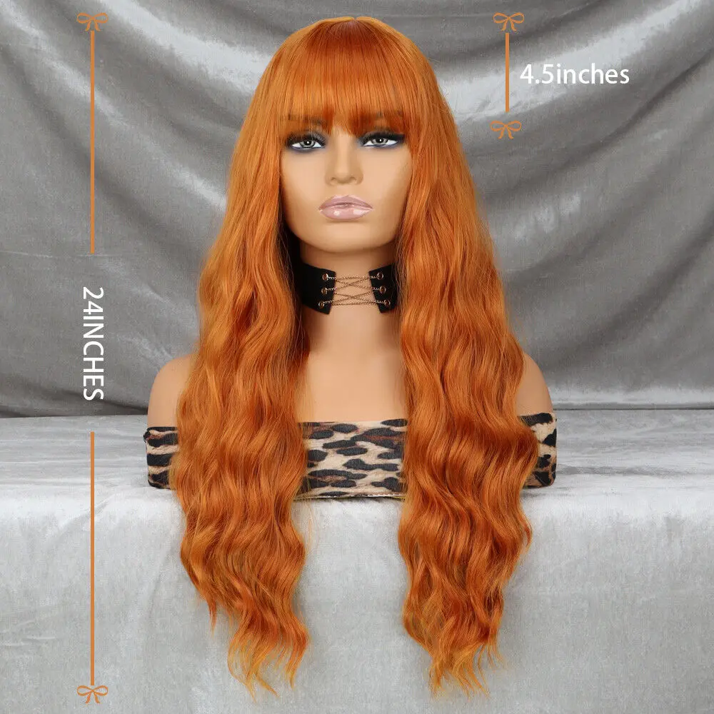 Costume Wigs With Fringe Long Wavy Synthetic Hair Heat Resistant Orange