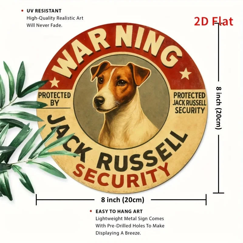 2D Metal Tin Sign, 20x20cm Round Warning Jack Russell Dog Iron Plaque Retro Wall Decor for Backyard Gate Porch Farmhouse Decorat