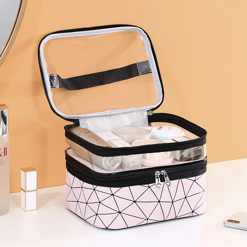 Borsa cosmetica multifunzione doppia trasparente custodia per trucco da donna custodia per trucco da viaggio di grande capacità