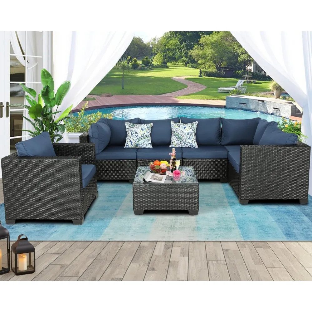 Outdoor Patio Furniture Set Balcony Furniture Outdoor Segmented Outdoor Backyard Lawn Garden Balcony Dark Blue 7 Piece Set