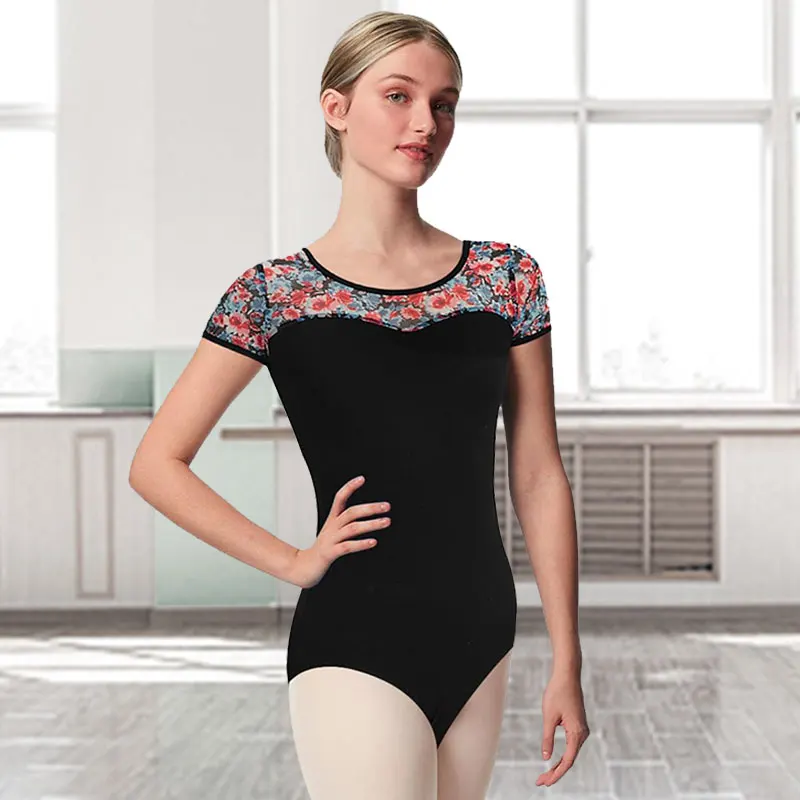بدلة رقص باليه نسائية سوداء بأكمام قصيرة مع شبكة مطبوعة مطاطية متينة وخط عنق على شكل قلب ملابس باليه