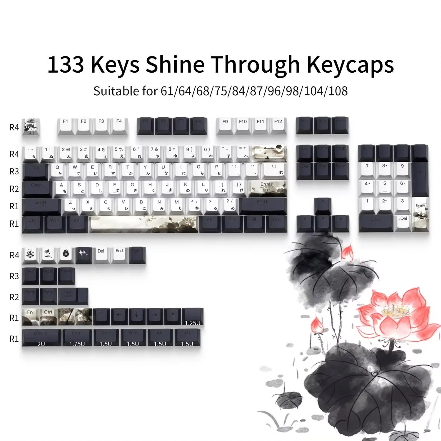 

Japanese Cherry Keycaps PBT 133 Keys Ink Lotus Creative for 60/64/84/98/108 Gaming Mechanical Keyboard MX Switch