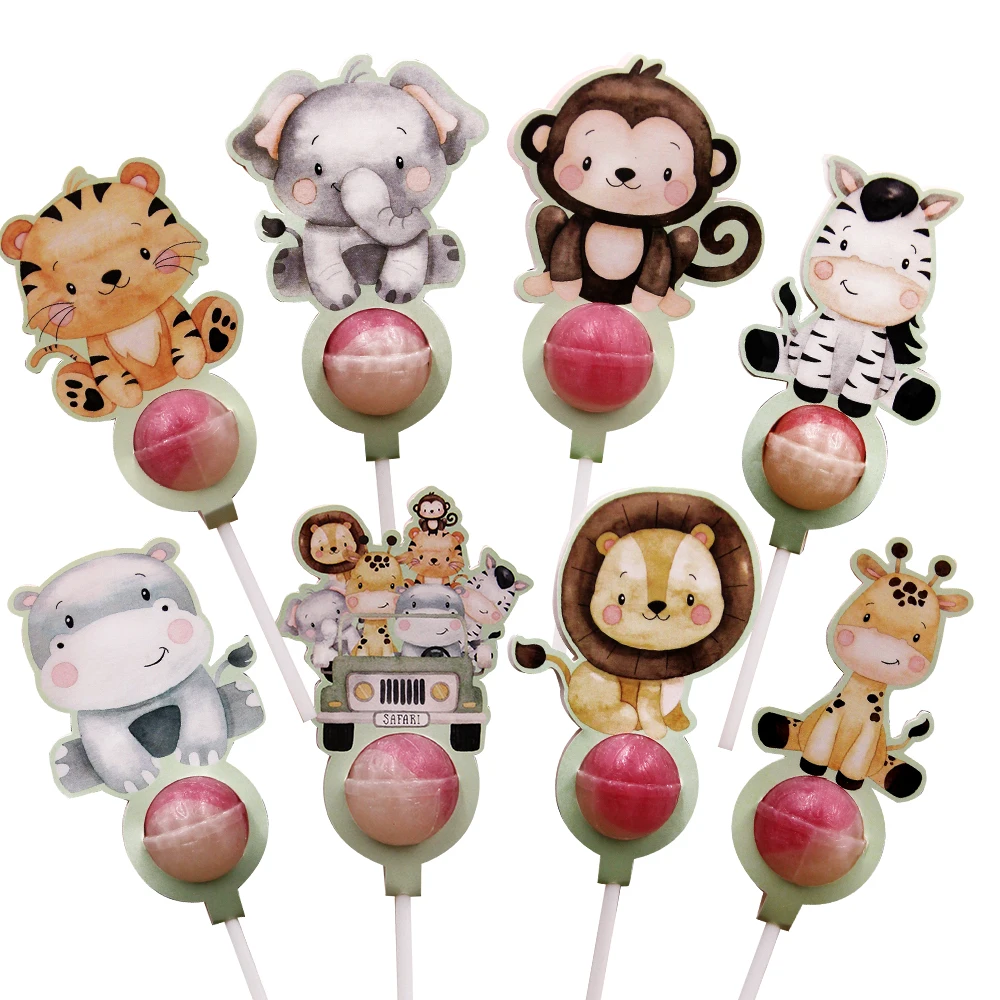16PCS Kartonowe karty z lizakami dla zwierząt Uchwyt na cukierki Karta dla dzieci Jungle Safari Dekoracja na przyjęcie urodzinowe Uchwyt na cukierki Materiały eksploatacyjne