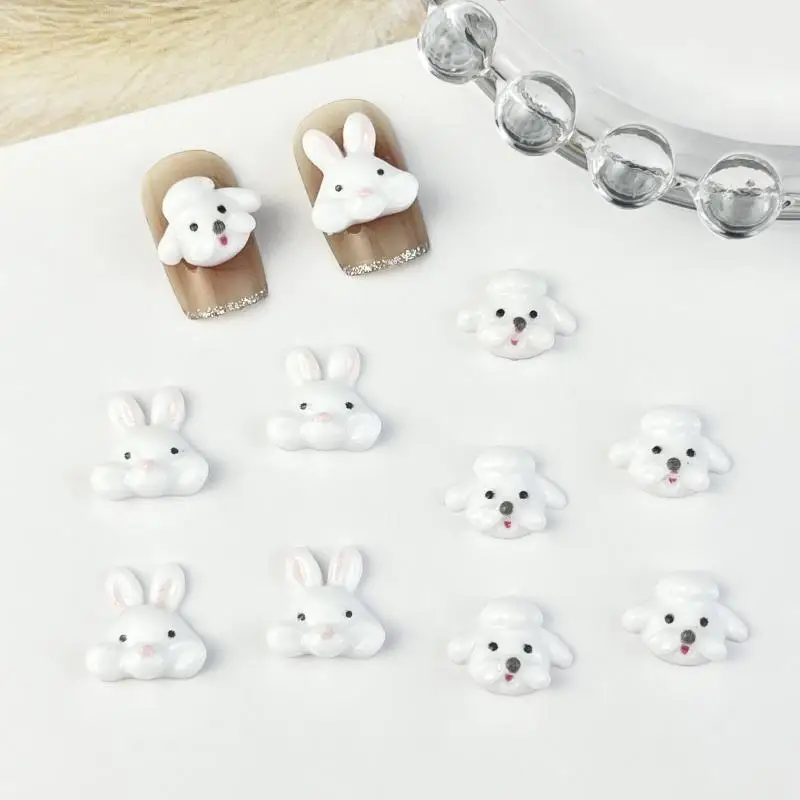 30PCS Luminous Cartoon Puppy Rabbit Head Nail Art Decorations Cute Glossy Cream Gum Animal Nail Charms DIY Nails Accessories