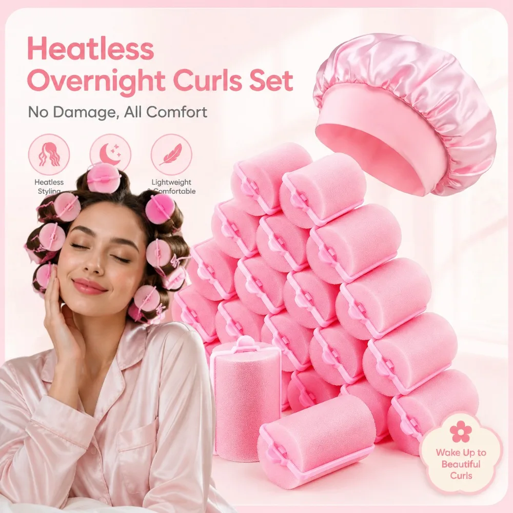 Sponge Hair Rollers with Satin Sleep Cap Set Soft Foam Hair Curlers No Heat DIY Hair Styling Tools Reusable Hair Roller Curls view 3