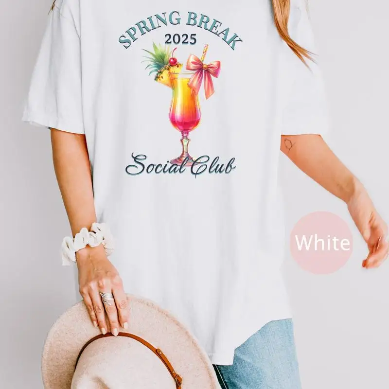 Camiseta del Club Social Spring Break 2025, bebida colorida, diversión, vacaciones de verano, ropa informal de moda