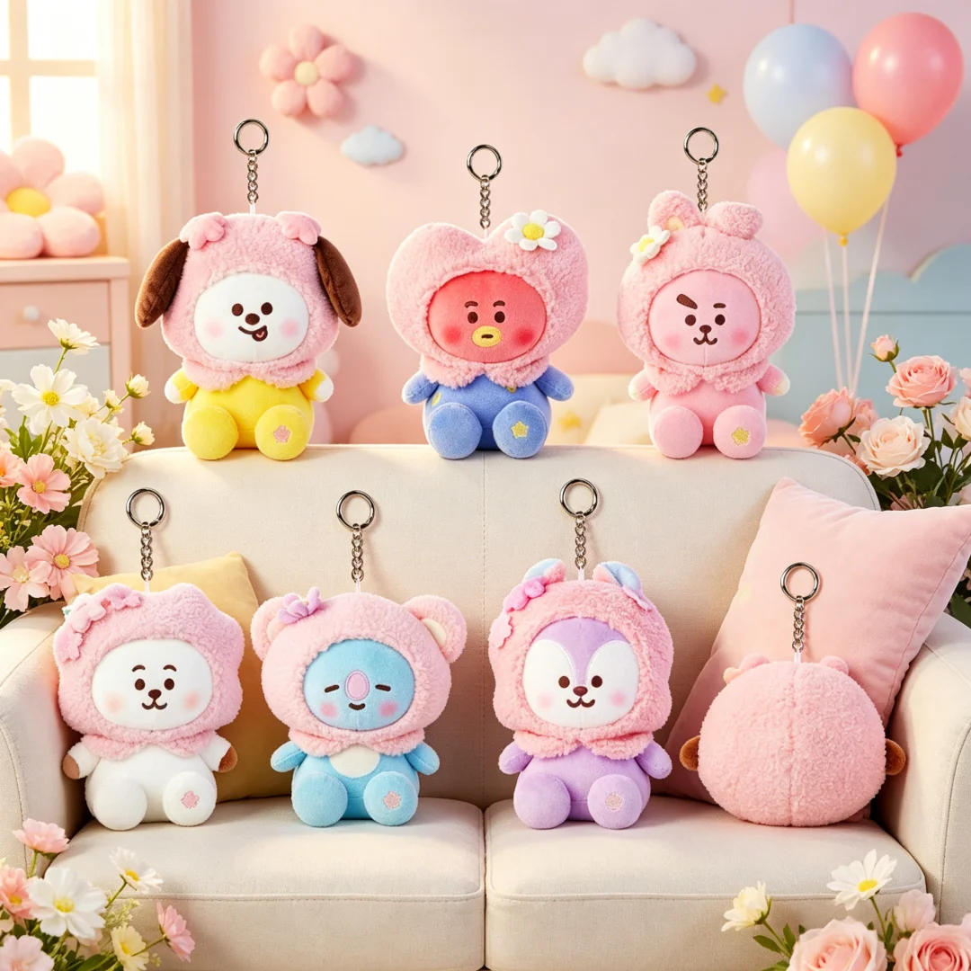 KPOP BT21 Cherry Blossom Series Doll Keychain Cute Cartoon Toy Pendant Backpack Phone Bag Charm Decor Fans Collectible Gift view 2