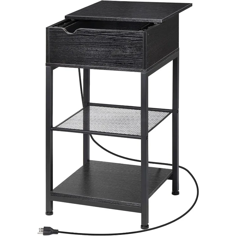 

End Table with USB Ports & Power Outlets, Narrow Sliding Top Side Table Retro Side Table, Nightstand for Small Spaces