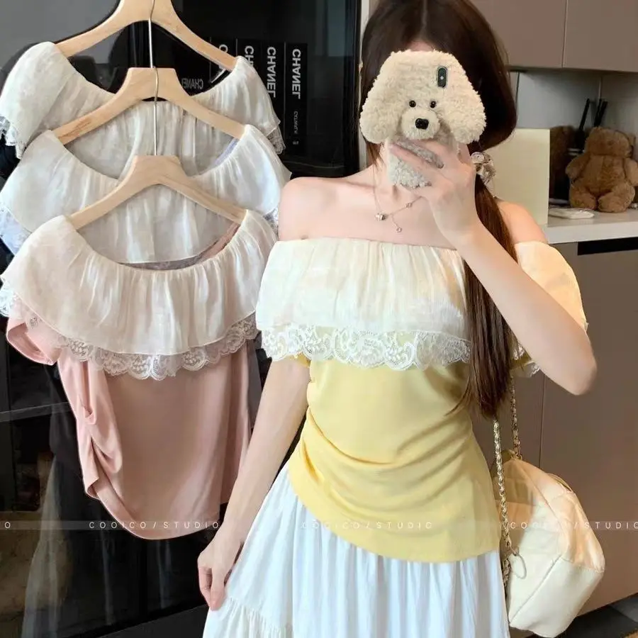Large size women's clothing summer new thin cover meat lotus leaf edge splicing lace one-word shoulder short-sleeved t-shirt