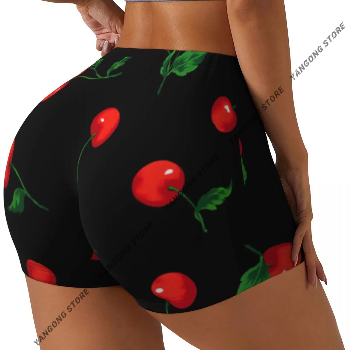 Women's Yoga Shorts Cute Cherry Pattern Scrunch Booty Butt Lifting Comfort Fitness Gym