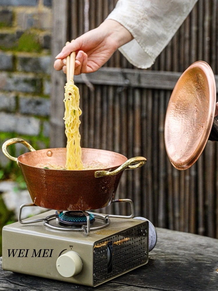Marmite à pâtes en cuivre artisanale de petite taille, avec couvercle, texture martelée, marmite à soupe de pique-nique, poêle à fond épais portable, vaisselle rétro